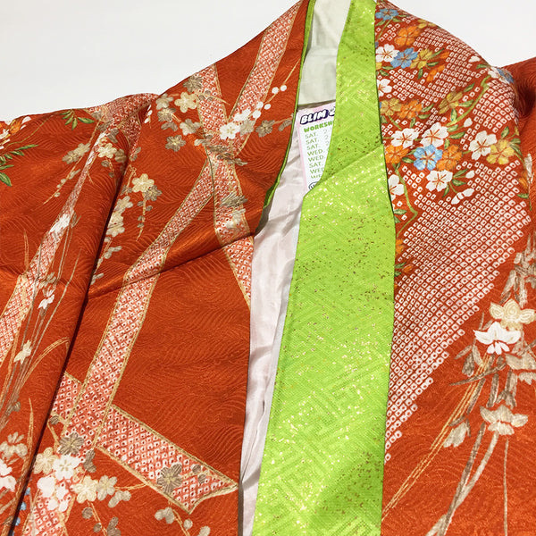 Vintage Floral Cherry Blossom Pattern Furisode Kimono From Japan