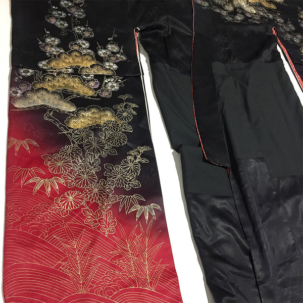Vintage Black Red Floral Pine Pattern Silk Furisode Kimono From Japan