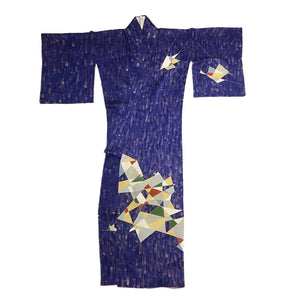Vintage Blue Geometric Pattern Kimono From Japan