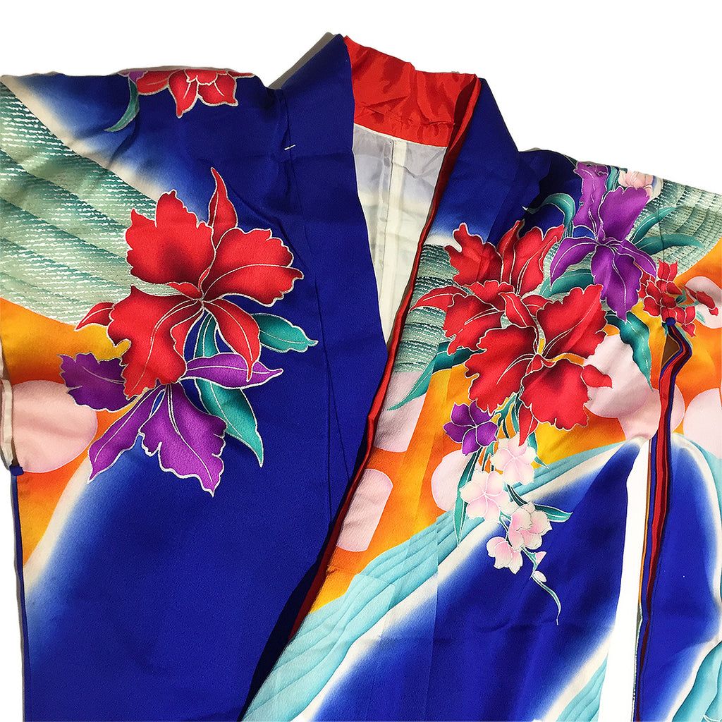 Vintage Blue Orange Floral Polka Dot Print Silk Furisode Kimono