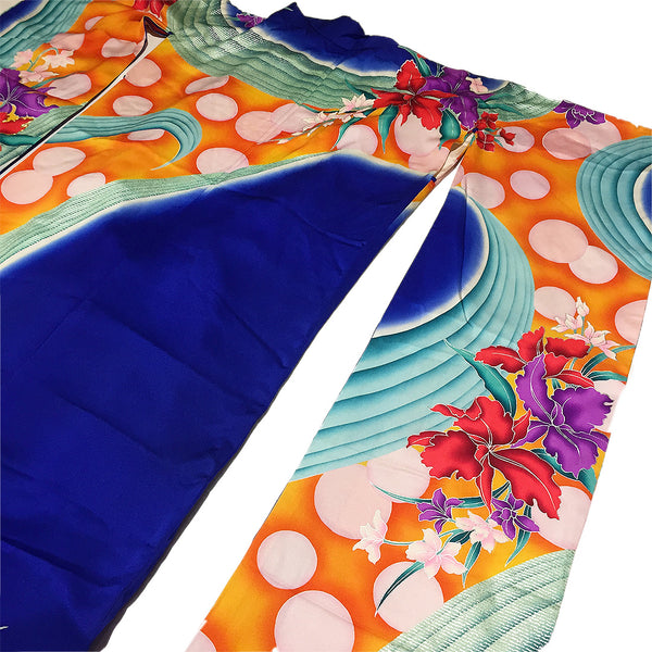 Vintage Blue Orange Floral Polka Dot Print Silk Furisode Kimono From Japan