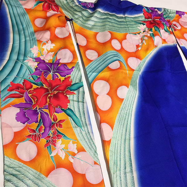 Vintage Blue Orange Floral Polka Dot Print Silk Furisode Kimono From Japan