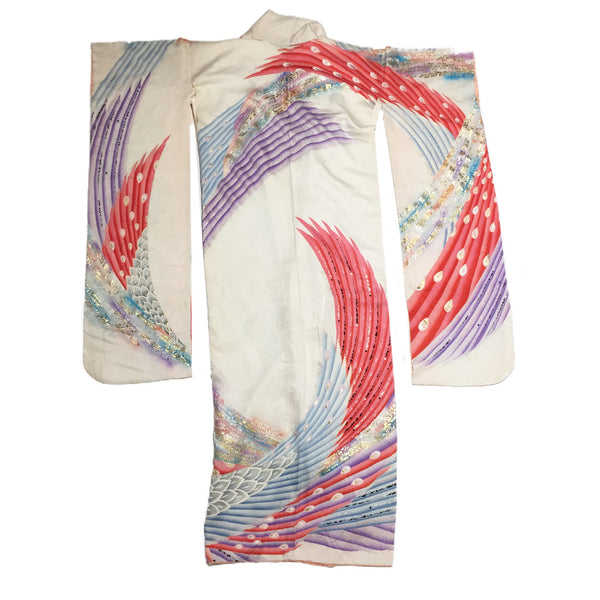 Vintage White  feather Print Silk Furisode Kimono From Japan
