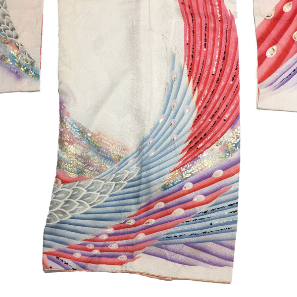Vintage White  feather Print Silk Furisode Kimono From Japan