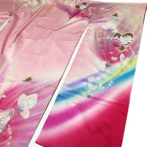 Vintage Pink Floral Butterfly Glitter Print Silk Furisode Kimono From Japan