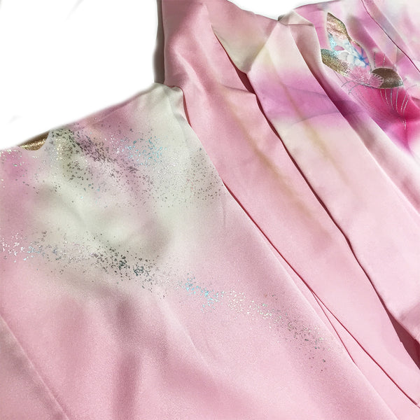 Vintage Pink Floral Butterfly Glitter Print Silk Furisode Kimono From Japan