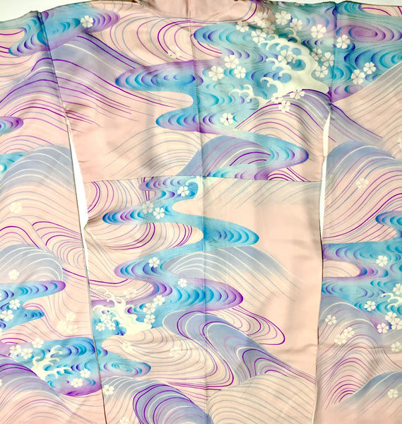 Pink and Blue Silk Furisode Kimono
