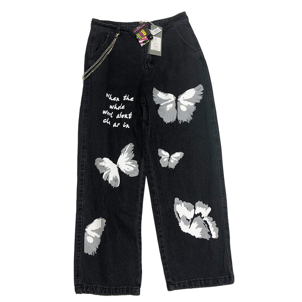 Butterfly Prints and Chain Denim Pants