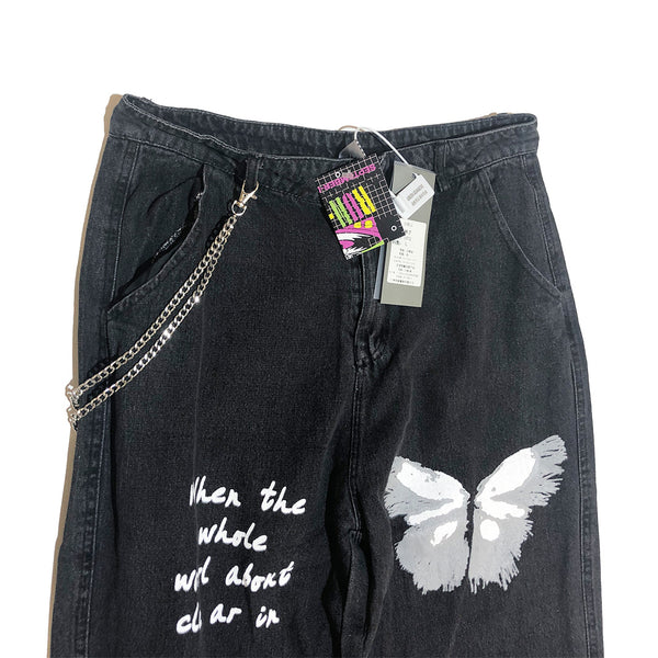 Butterfly Prints and Chain Denim Pants
