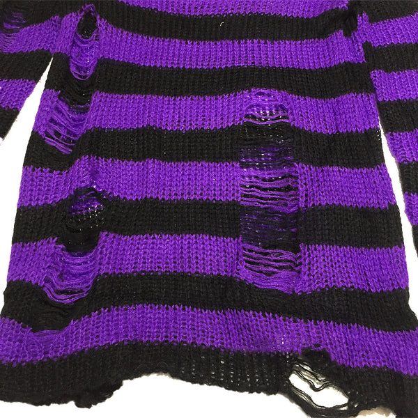 Distressed Purple Black Stripe Knit Sweater