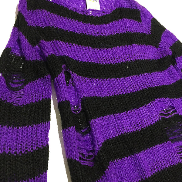 Distressed Purple Black Stripe Knit Sweater
