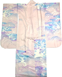 Pink and Blue Silk Furisode Kimono