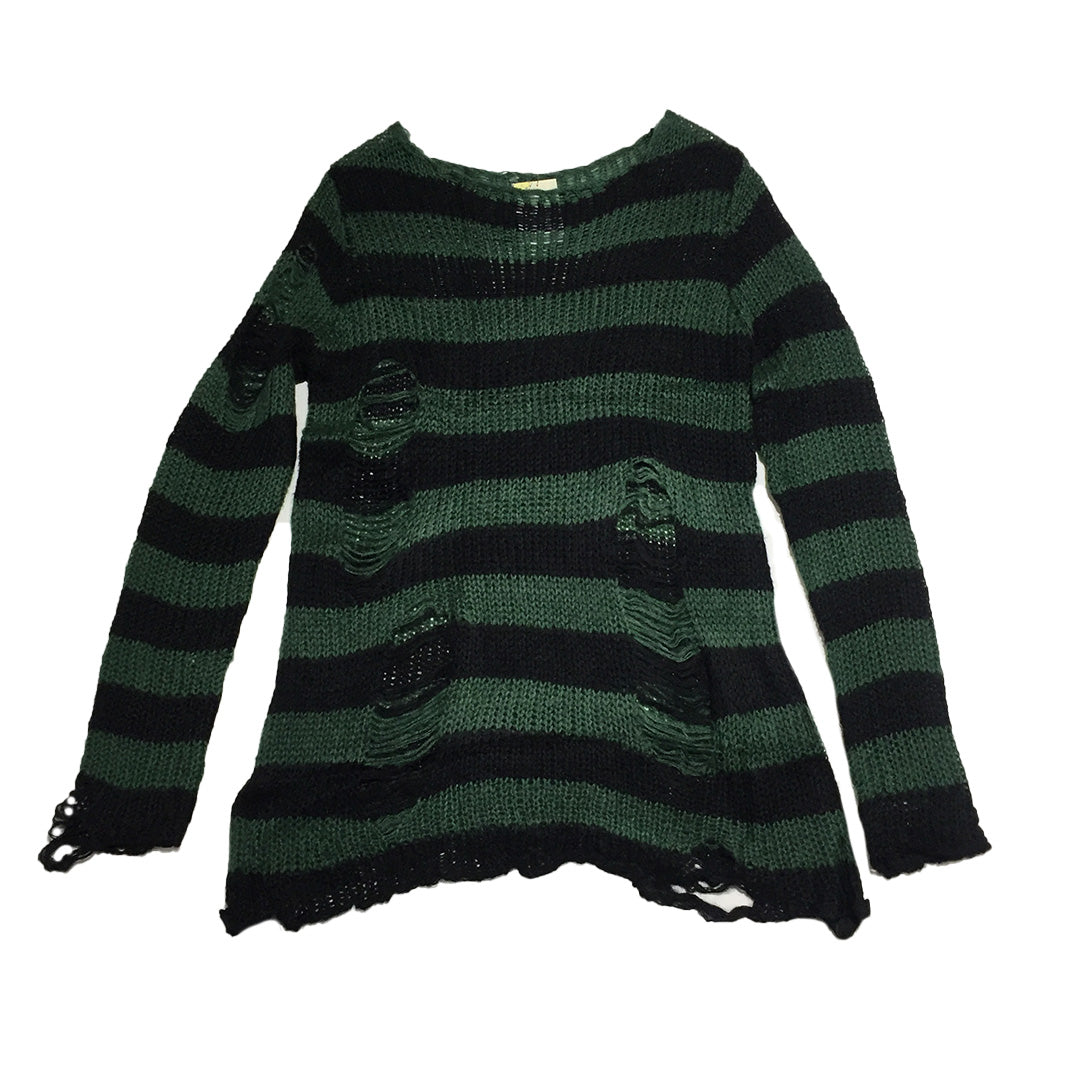 Distressed Dark Green Black Stripe Knit Sweater