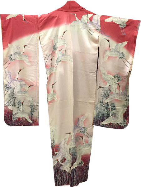 Vintage Japanese Silk Furisode Kimono with Cranes