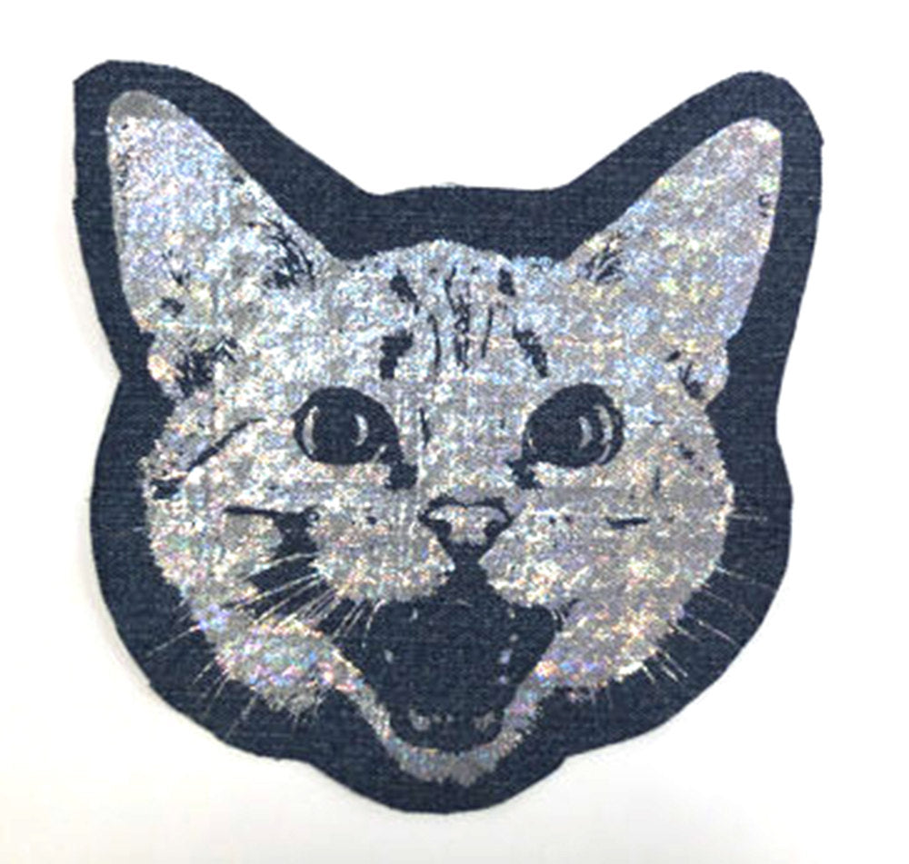 Holographic Foil Denim Kitty Patch