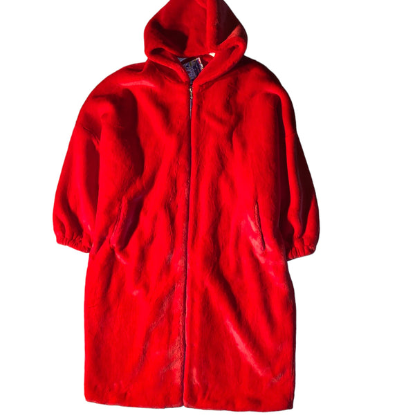 Red Hooded Faux Fur Full length Jacket
