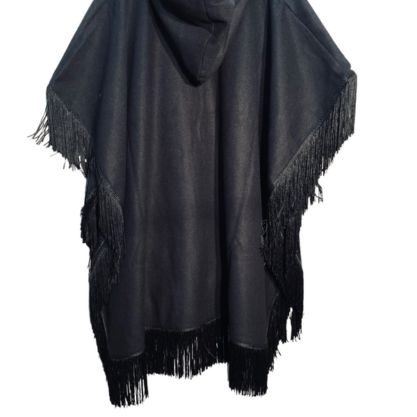 Black Long Fringe Poncho