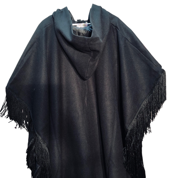 Black Long Fringe Poncho