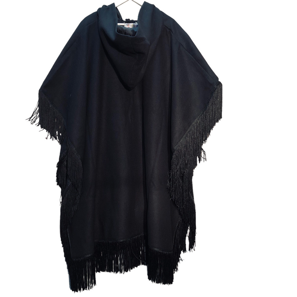 Black Long Fringe Poncho