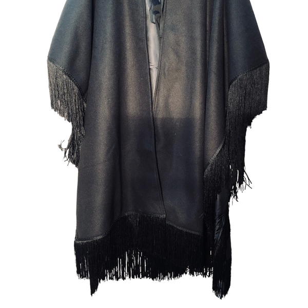 Black Long Fringe Poncho